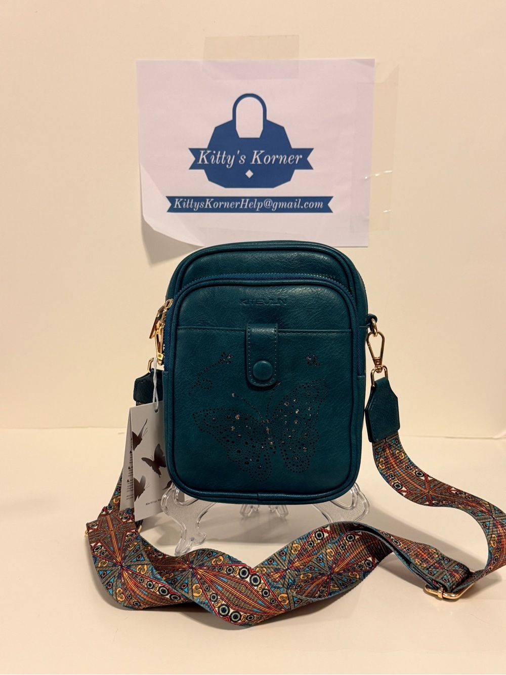 NWT KITEVIUN Teal Butterfly Crossbody Bag